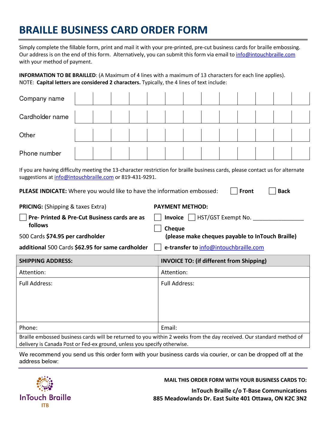 Braille Business Card Order Form for InTouch Braille InTouch Braille